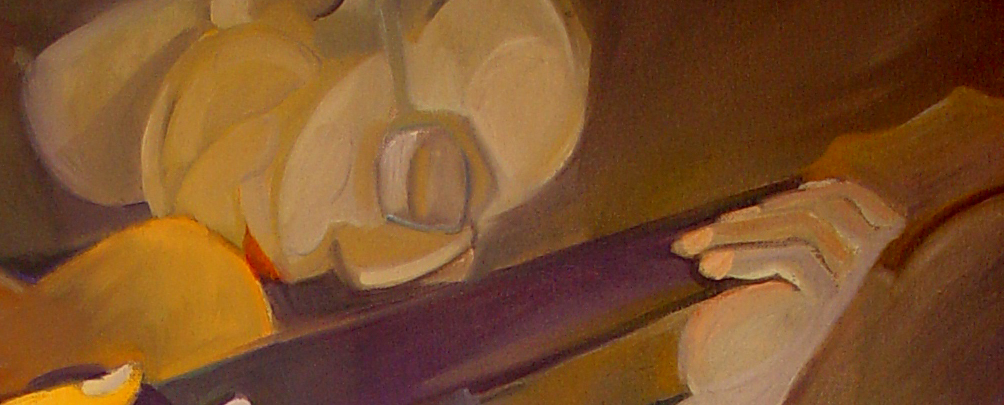 Robbie Overson playing guitar, oil painting